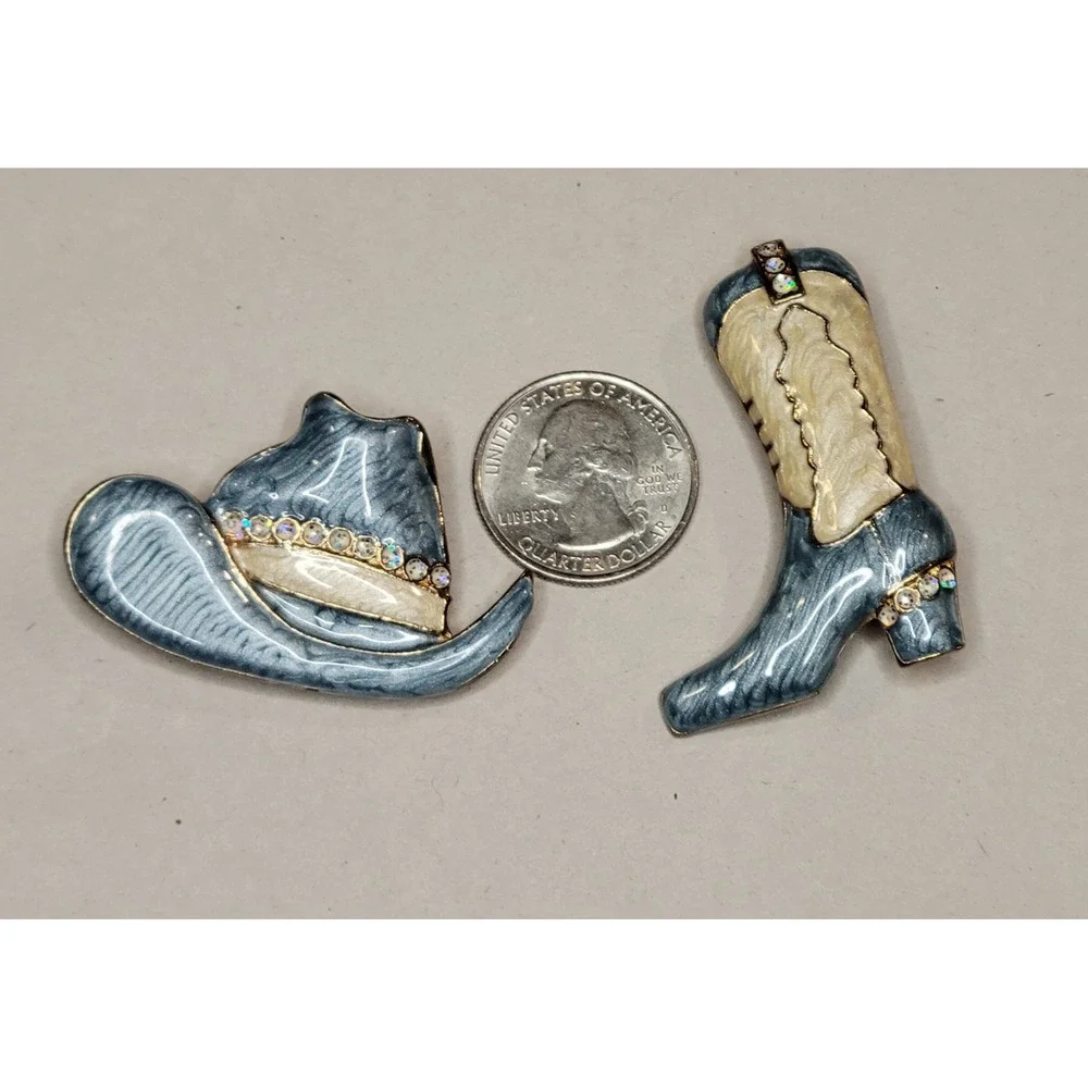 Vintage Blue Enamel Western Cowboy Hat and Boot Brooch Pin Set
